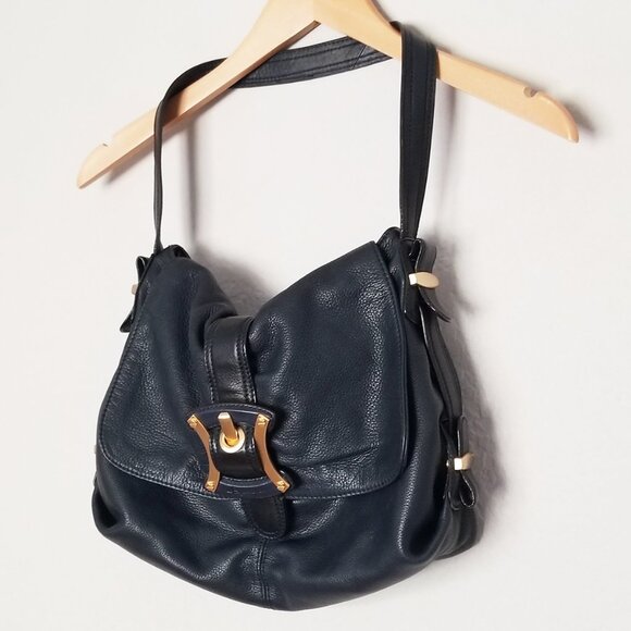 B. Makowsky Navy Blue Black Genuine Leather Shoulder Bag Gold Hardware Hobo Y2K - Picture 6 of 16